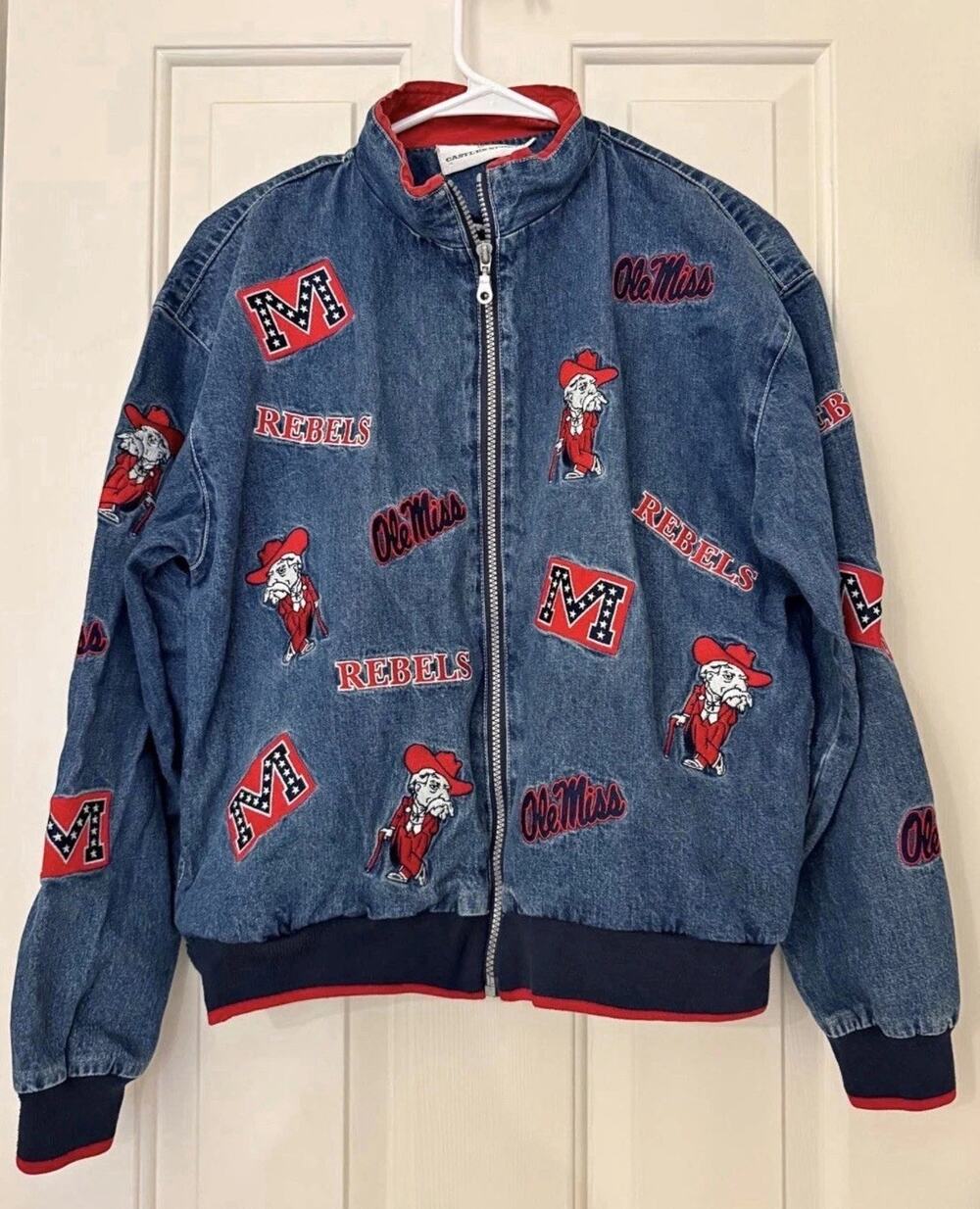Rare Vintage Ole Miss Colonel Reb All Over Denim Bomber Jacket Women’s M 90s